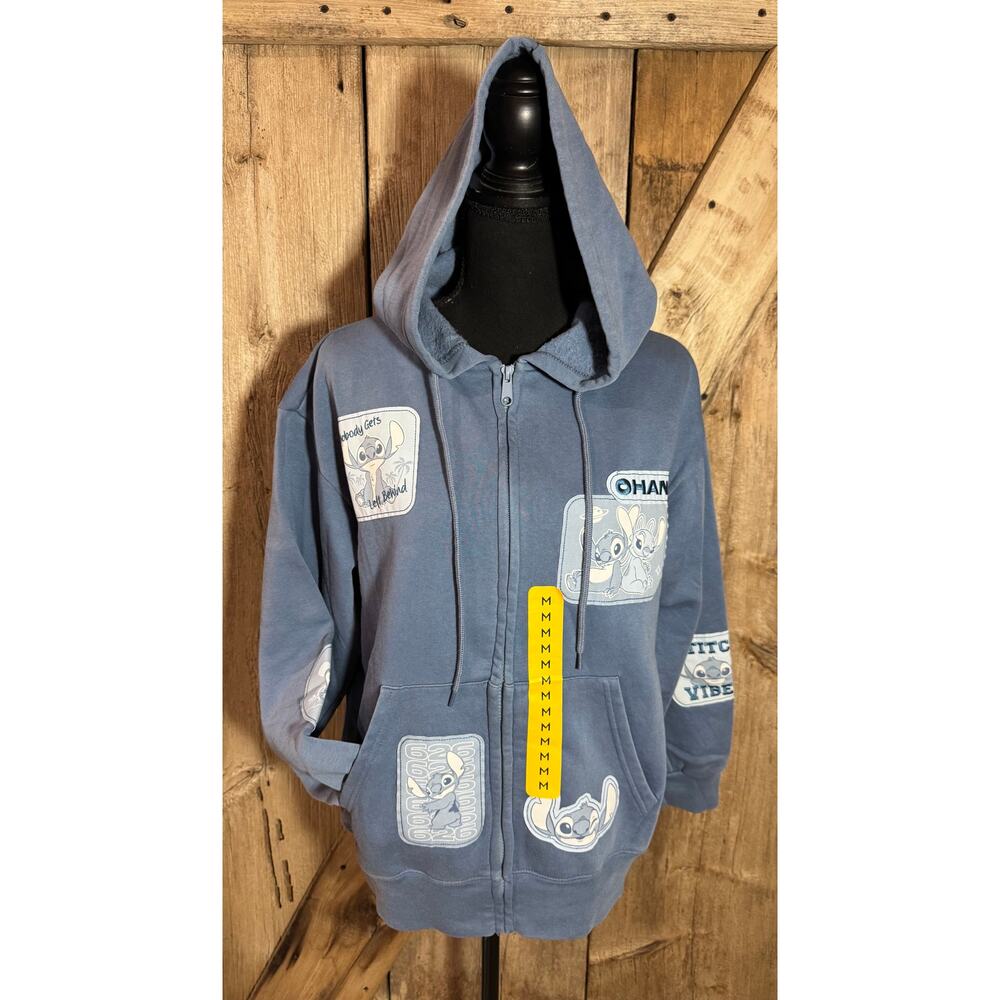 NWT Disney Stitch Multi-Patch Women's Full Zip Hoodie Sz M Medium Blue Distress